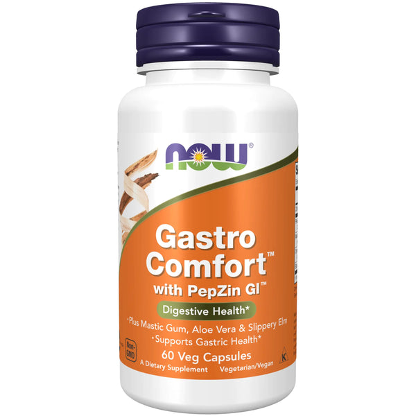NOW Foods Supplements Gastro Comfort plus Mastic Gum Aloe Vera and Slippery Elm 60 Veg Capsules