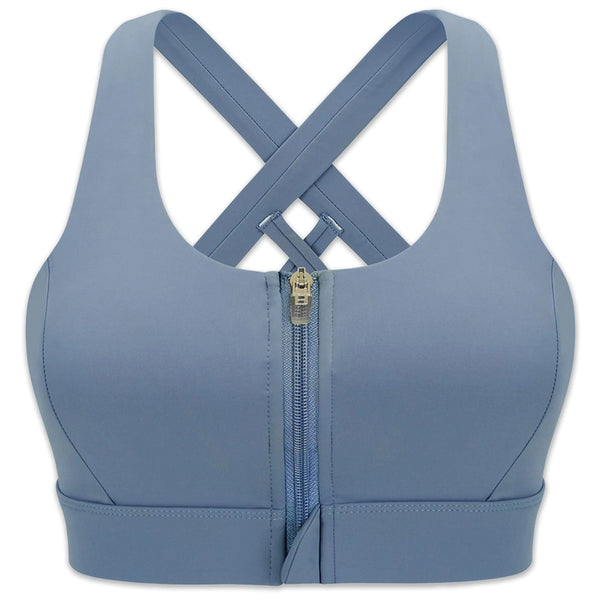 Cordaw Zipper in Front Sports Bra High Impact Strappy Back Support Workout Top Blue Small